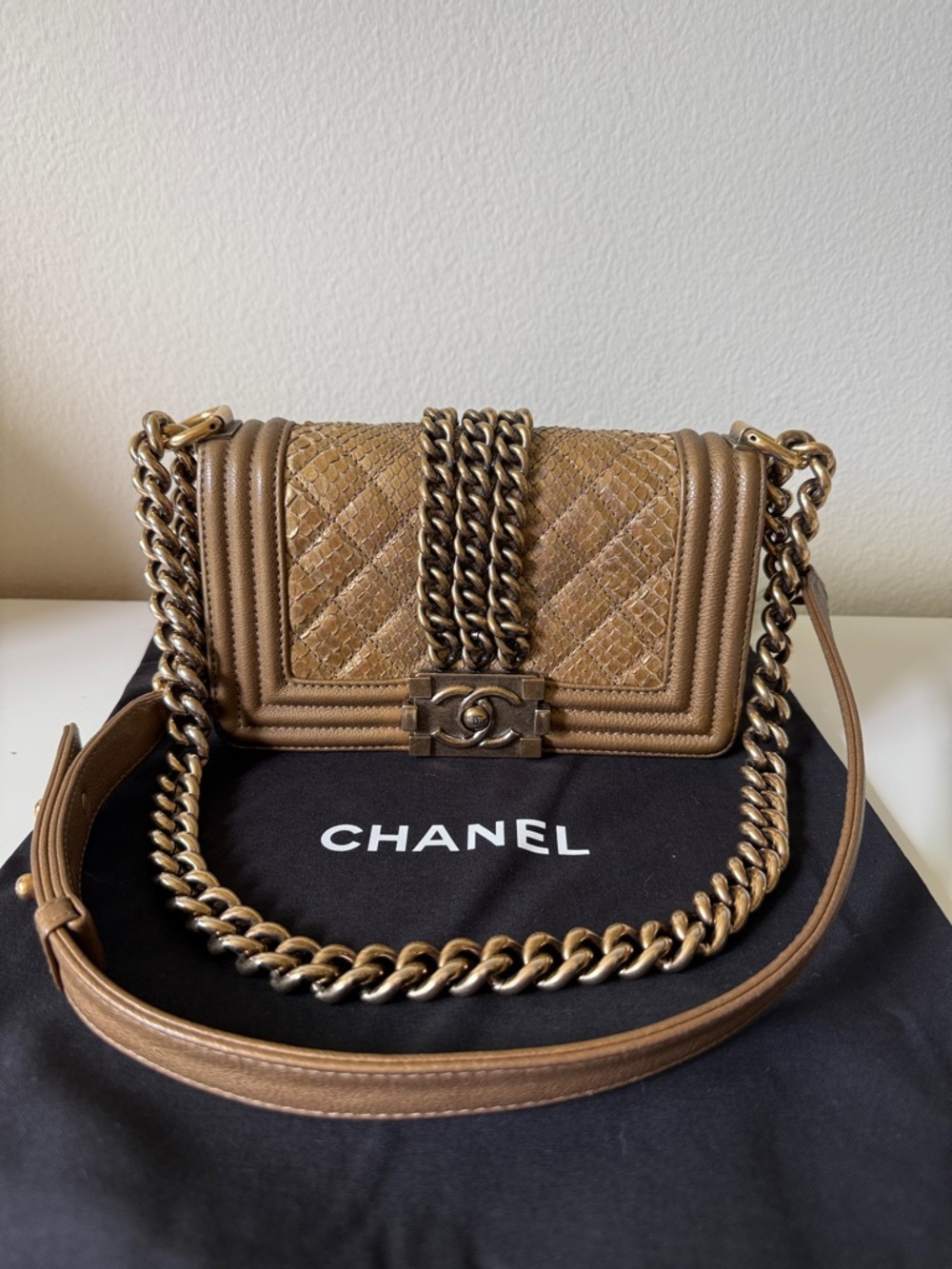 CHANEL Bronze Quilted Boy Flap Shoulder Bag with Chain